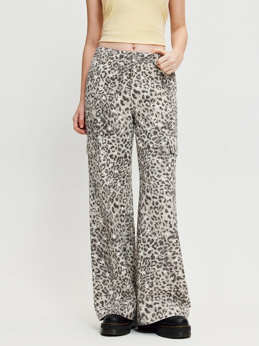 YESCCI Fashion Leopard Print Flared Trousers Autumn New Mid Rise Soft Washed Cargo Pockets Women's Pants Casual Wear Y716081071