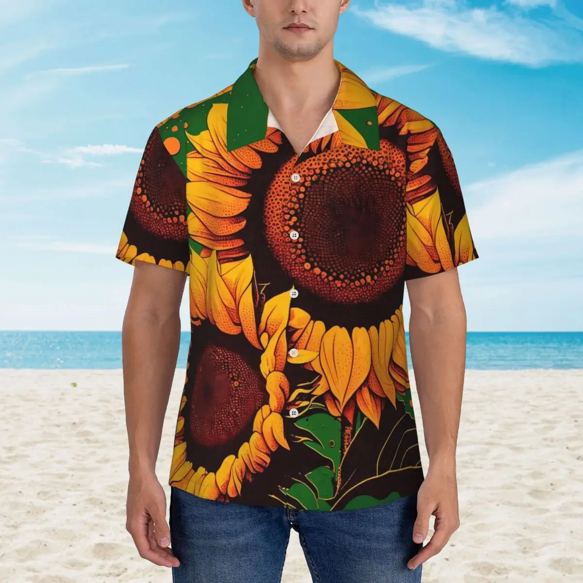 Sunflower Print Beach Shirt Men Yellow Flowers Casual Shirts Hawaiian Short-Sleeve Custom Loose Oversized Blouses Gift Idea