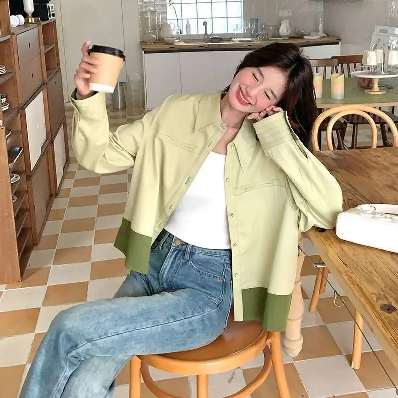 Casual Style Contrast Jacket Women's Spring and Autumn Turn-down Collar Spliced Long Sleeve Jacket Loose Fashionable College Top