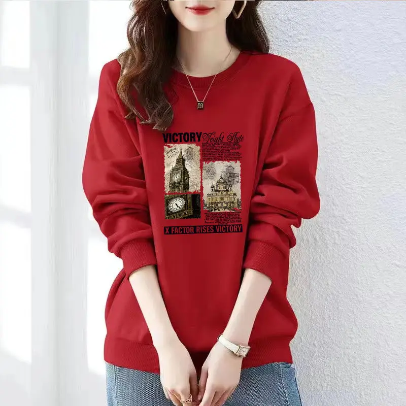 Women\'s Thick Round Neck Solid Color Hoodies Autumn Winter New Korean Loose Long Sleeve Printed Building Pullover Casual Tops