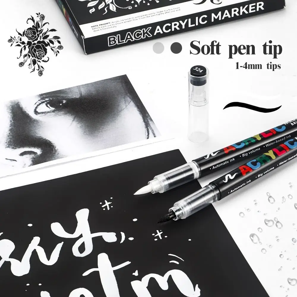 12Pcs/Box Black/White Acrylic Marker Pen Waterproof Quickly Dry Acrylic Paint Markers Soft Tip DIY Direct-Liquid Ink Marker