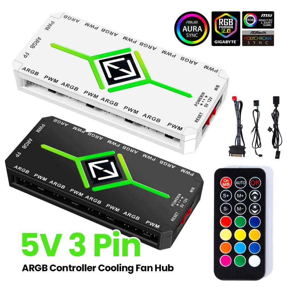 ARGB Fan Hub SATA Power 1 To 9 3 in 1 5V 3 Pin Controller Cooling Fan 4 Pin PWM Magnetic Suction Hub for Computer PC Case Fan