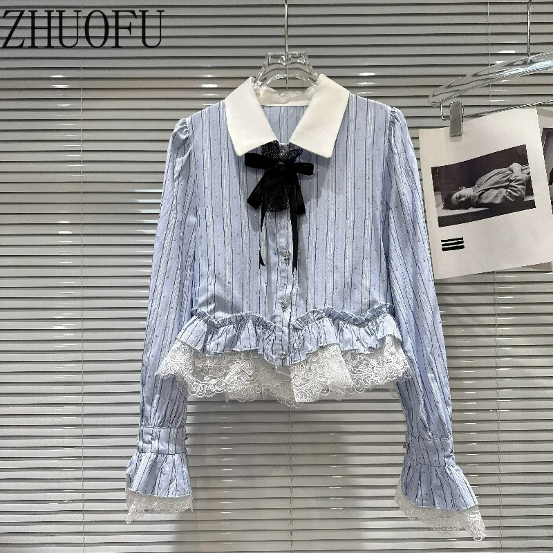 2026 Autumn New Women's Clothing Sweet Temperament Cute Bow Lace Y2k Striped Heavy Industry Hot Diamond Design Shirts Ladies