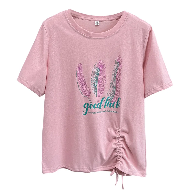 

Женские топы больших размеров 2025 года, новая летняя стильная футболка с короткими рукавами и принтом в складку на шнурке 2535