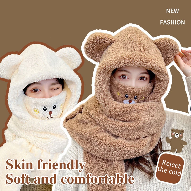 Winter Lamb Wool 4-In-1 Hat Scarf Gloves Facemask Set Women Caps Warm Casual Plush Neck Hats Casual Fleece Girls Beanies