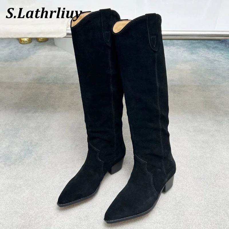 

Embroidery Western Cowboy Boots Women Pointed Toe Square Heels Knee High Long Boots Autumn Winter Suede Mid Heels Knight Botas