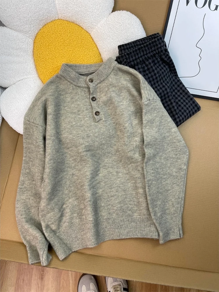 

ay Henry Collar Knitwear Men's Loose Fit Autumn Winter American Retro Lazy Base irt Soft Coolmax Fiber Long Sve Ne