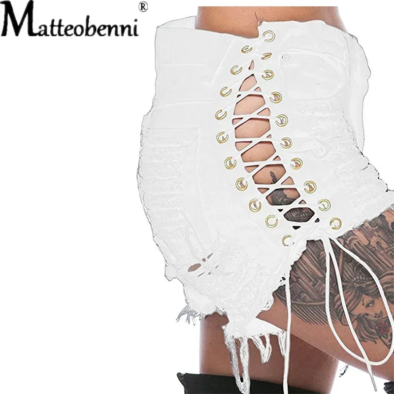 Sexy zerrissene Quaste Jeans Streetwear hohe Taille gerade Jeans shorts 2024 Sommer neue Frauen Schnür loch aushöhlen Jeans shorts