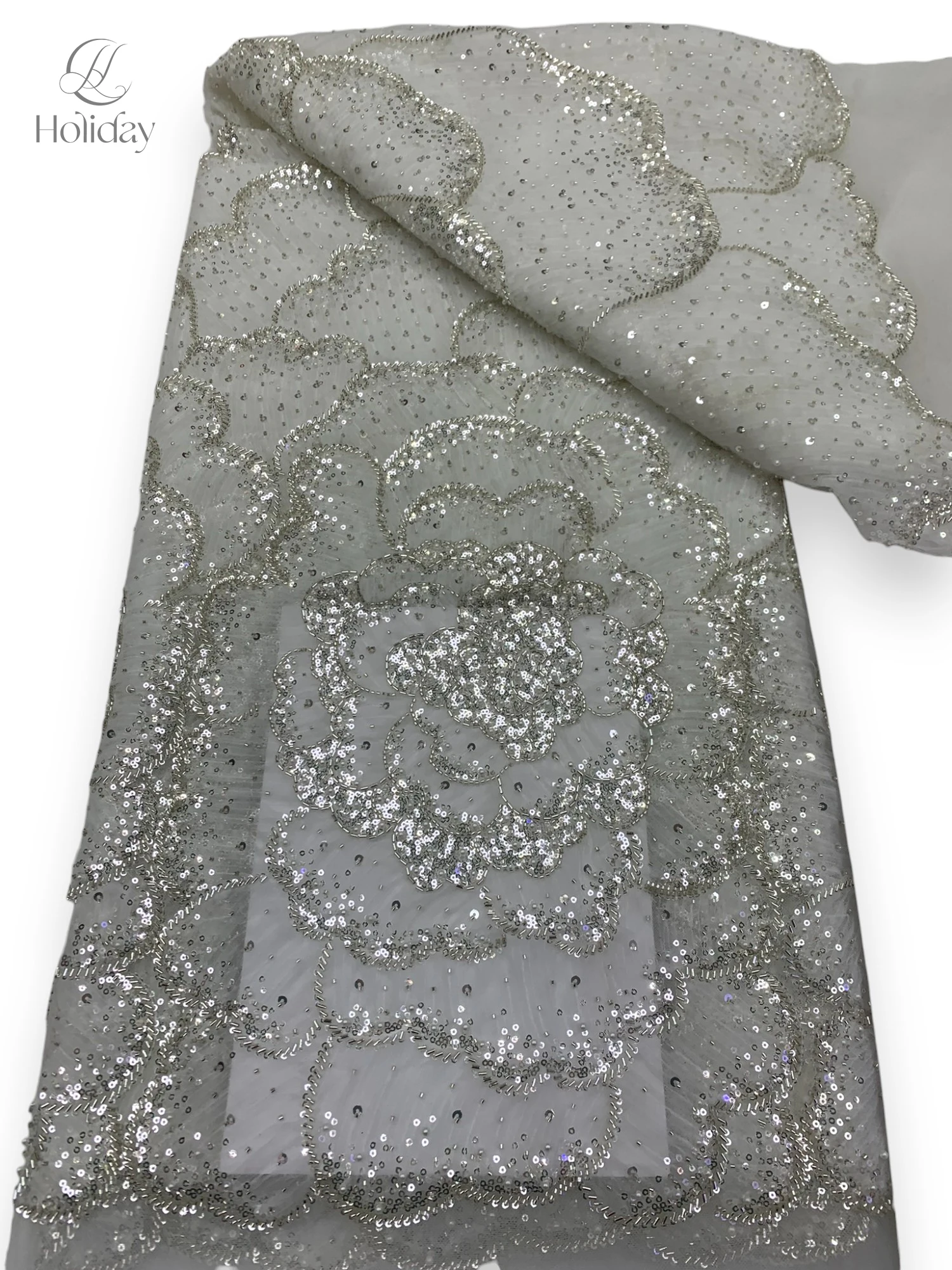 

5Y/piece 2025 hot selling new French sequin fabric high-quality new design embroidered mesh 3D flower bead wedding dress