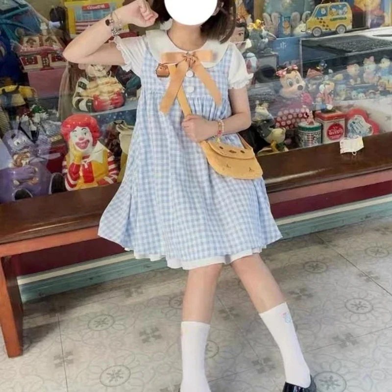 Japan Sweet Lolita Kawaii Mini Dresses Sissy Cross-dressing Fake Two Piece Puff Sleeve Doll Collar Bow Dress ABDL  A-line Dress