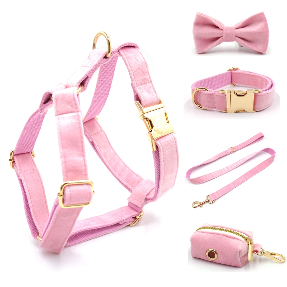 Pink Velvet Personalized Dog Harness Leash Set Cute Bowtie Collar and Leash Set Poop Bag Name Engraved Female Puppy Luxury Gift