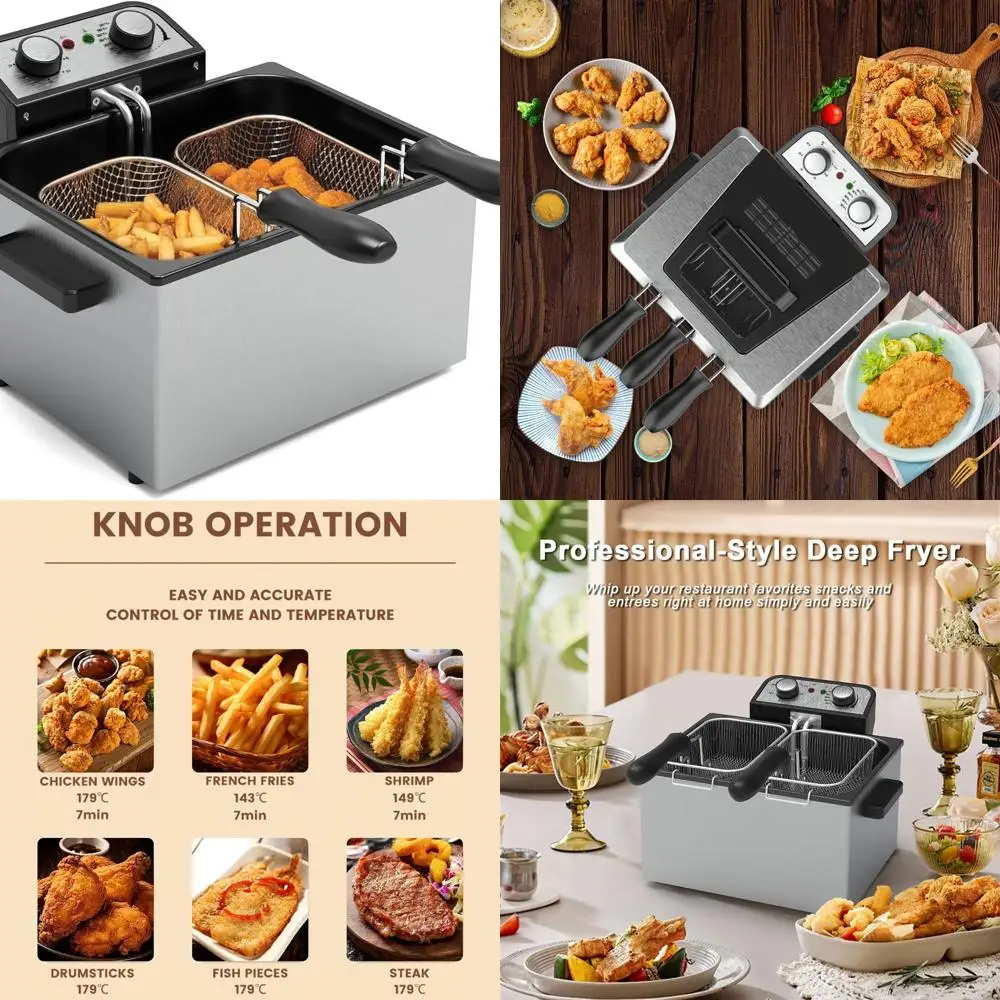 Penggorengan Listrik Stainless Steel 5L dengan 3 Keranjang, Suhu Dapat Diatur, Tutup Transparan