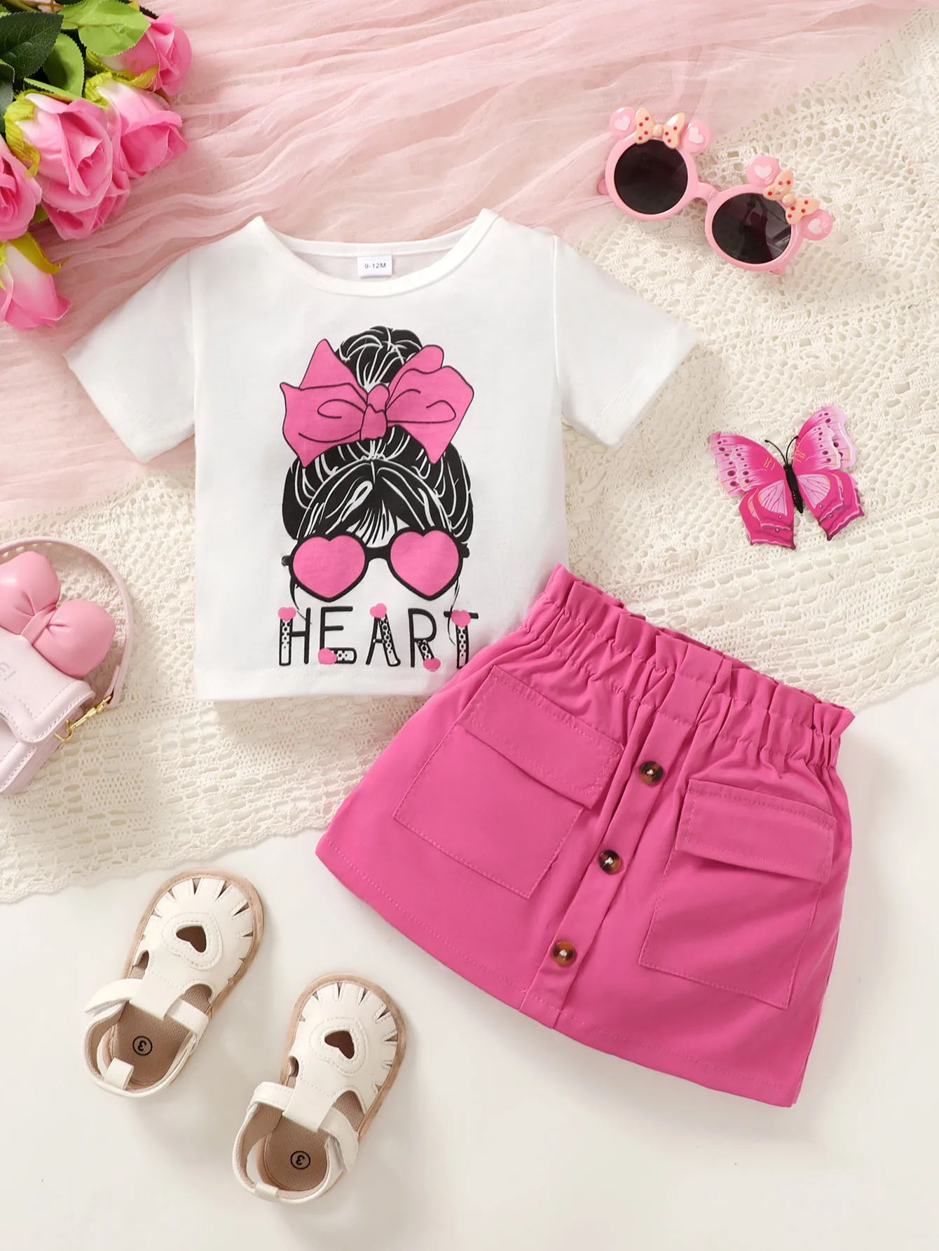 مجموعة ملابس للفتيات 12 وما تحت الربيع/الصيف/الخريف - تي شيرت مطبوع عليه رسوم كرتونية حلوة + تنورة قلم رصاص (قطعتان)، مزيج من القطن