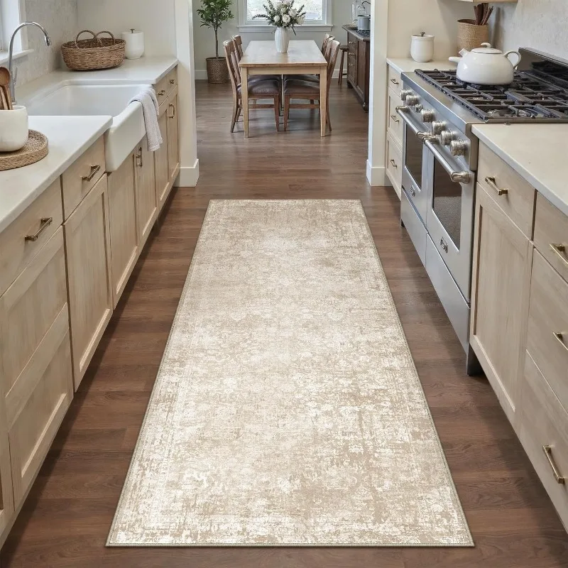 Runner Rug Beige Modren Neutral Hallway Kitchen Farmhuose Area Rug Bedroom Side Indoor Carpet Non Slip Low Pile Sof