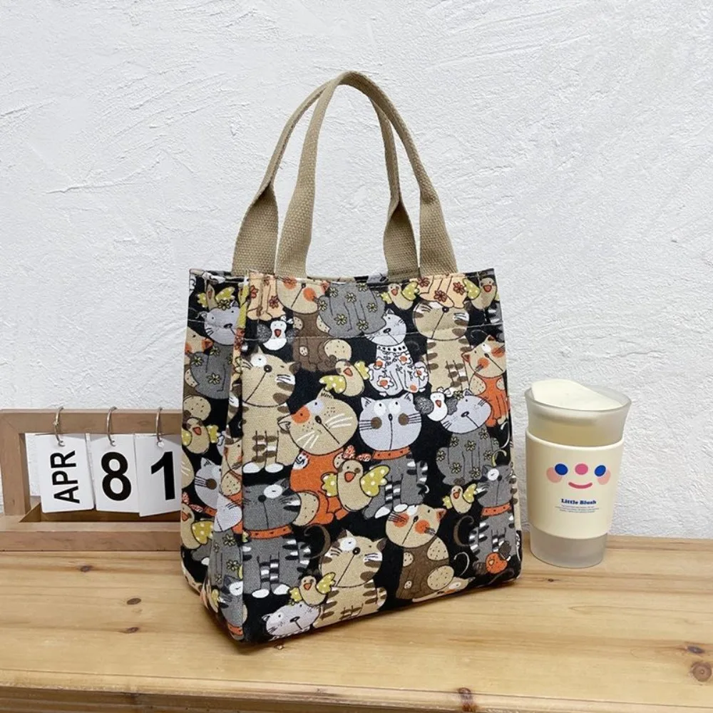 Cute Cartoon Print Lunch Bag, Portable Canvas Bag, Women\'s Casual Handbag & Tote Purse For School, Office, Picnic Bag