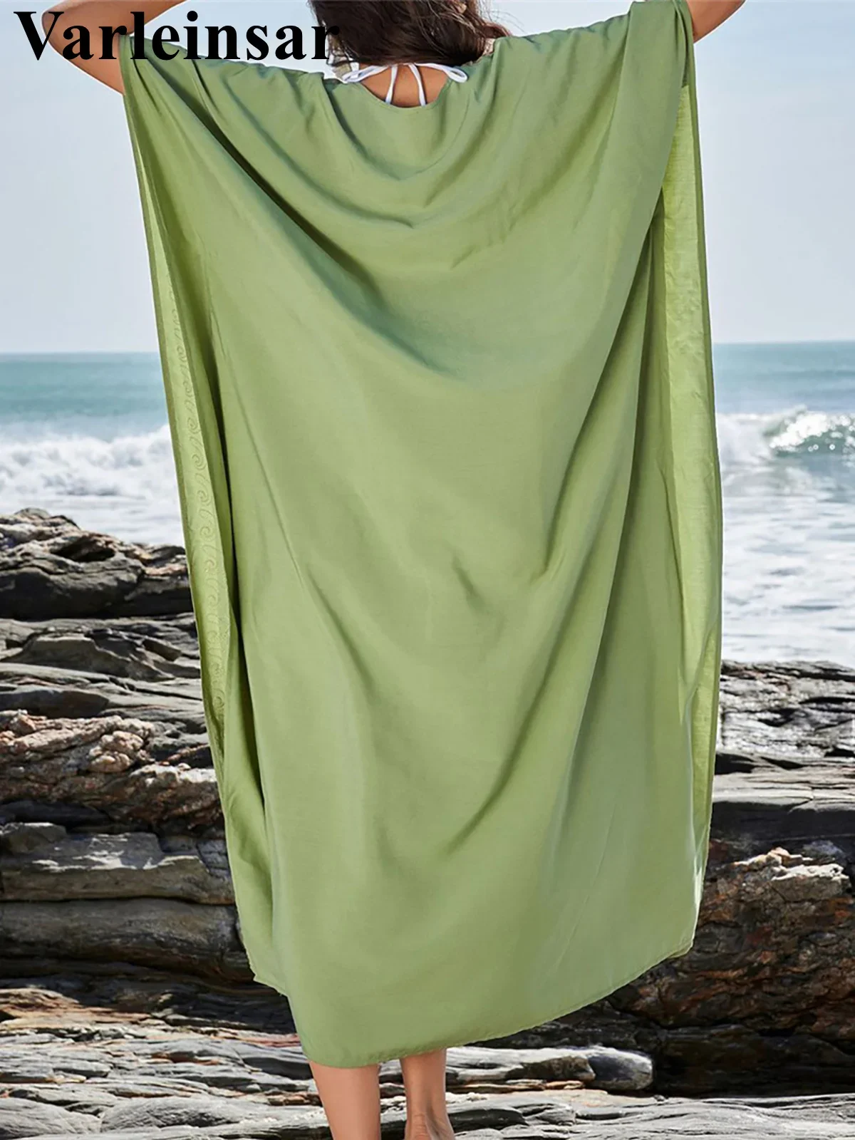 V Neck Printed Short Sleeve Crochet Knitted Tunic Beach Cover Up Cover-ups Beach Dress Beach Wear Beachwear Female Women V6230