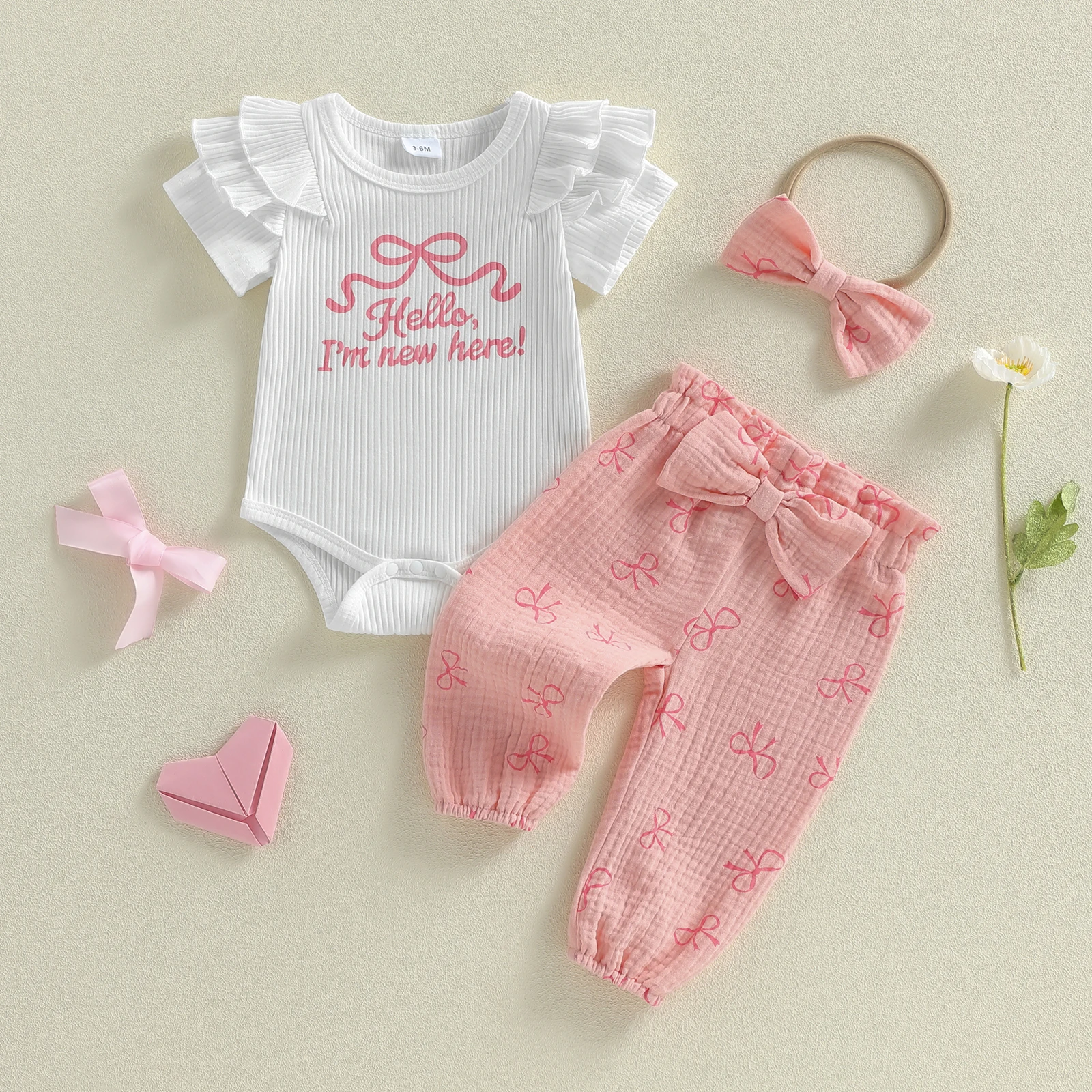 

Летние комплекты одежды для новорожденных девочек 0-18 месяцев: комбинезон с рюшами, короткими рукавами, бантом и буквенным принтом + брюки + повязка на голову, комплект детской одежды