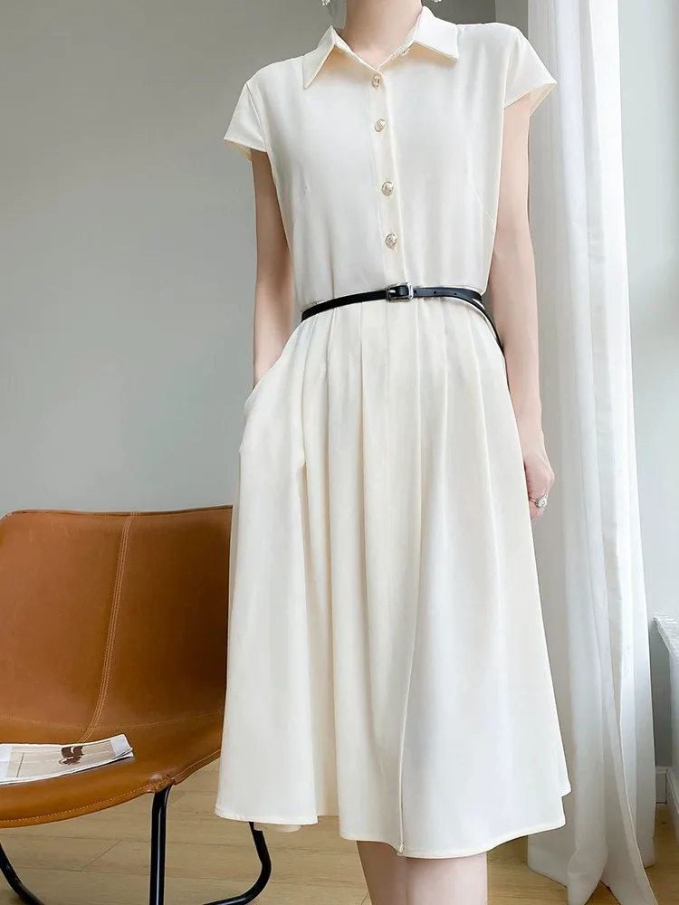 엘레 칼라 새틴 드레스 여성 여름 슬림핏 오트 슬리브 롱 루즈핏 다용도 미드 웨이스트 A라인 드레스 버튼 디테일