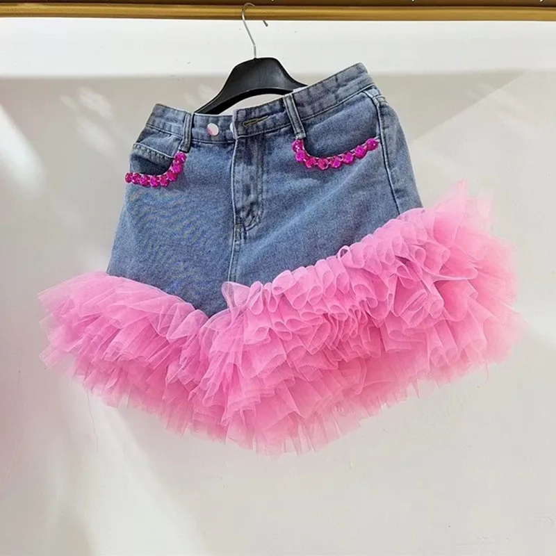 Splicing Ruffles Diamonds Beaded Denim Hot Shorts Summer Gauze Pleated Jeans Pants Slim Fit Short Cowboy Trouser Jeans