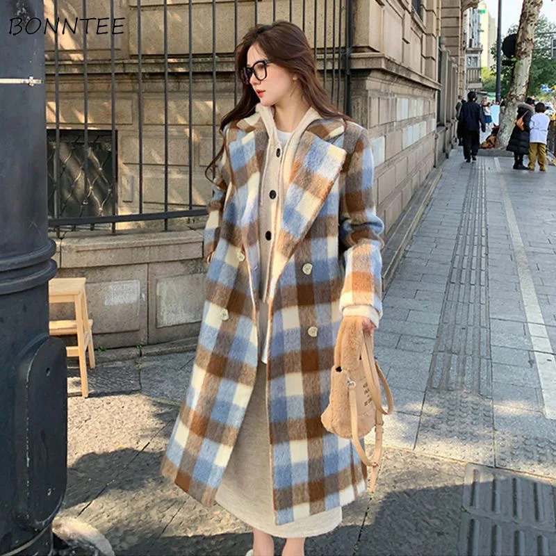 

Long Wool Blends Women Plaid Winter Thicker Streetwear Loose Double Breasted Harajuku Tender Outwear Temper Korean Style Warm