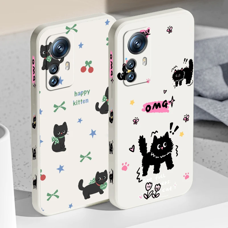 حبل يسار سائل كرتوني من Black Cat Carton ، أزياء ظريفة ، من Siaomi 14 13T 13 12 11T 11i 11 A3 10T 10 9 Pro Lite Ultra 5G Funda