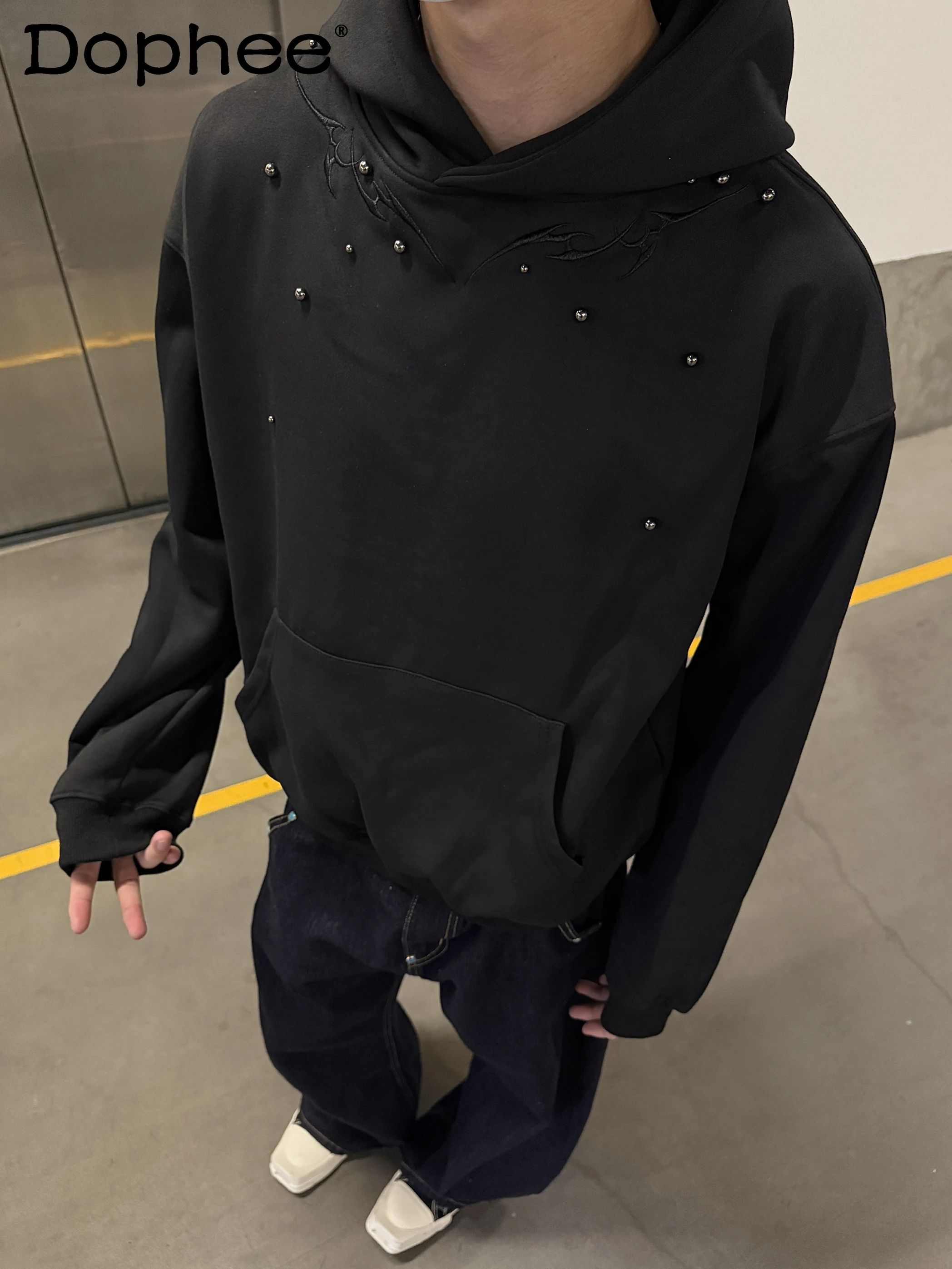 American Retro Fashion Trend Heavy-duty Rivet Hooded Sweatshirt Spring and Autumn New Loose Casual Couple Top Trend