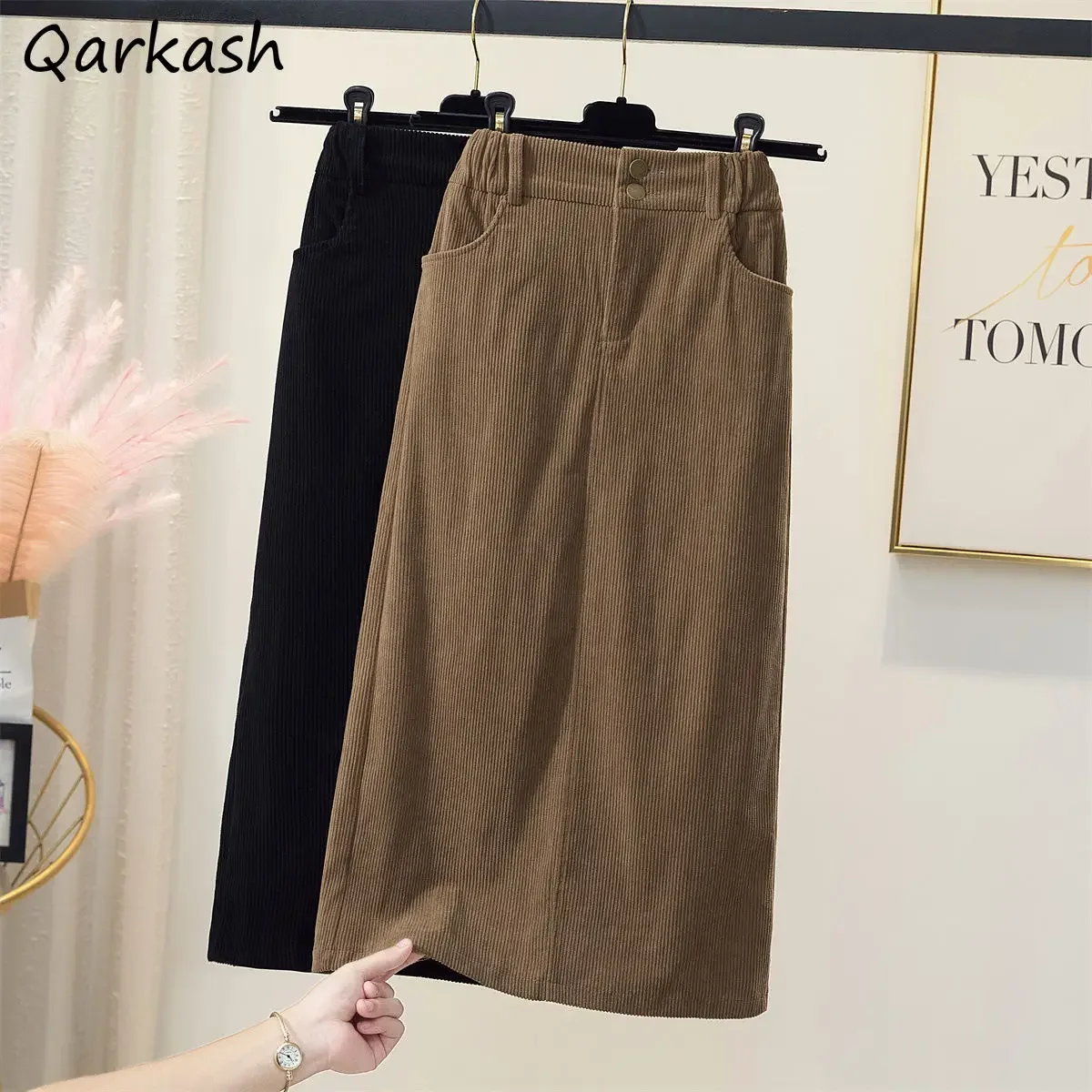 

Winter Midi Skirts Women A-line Corduroy Chic Temperament Office Lady Vintage High Waist Gentle Simple All-match Faldas Harajuku