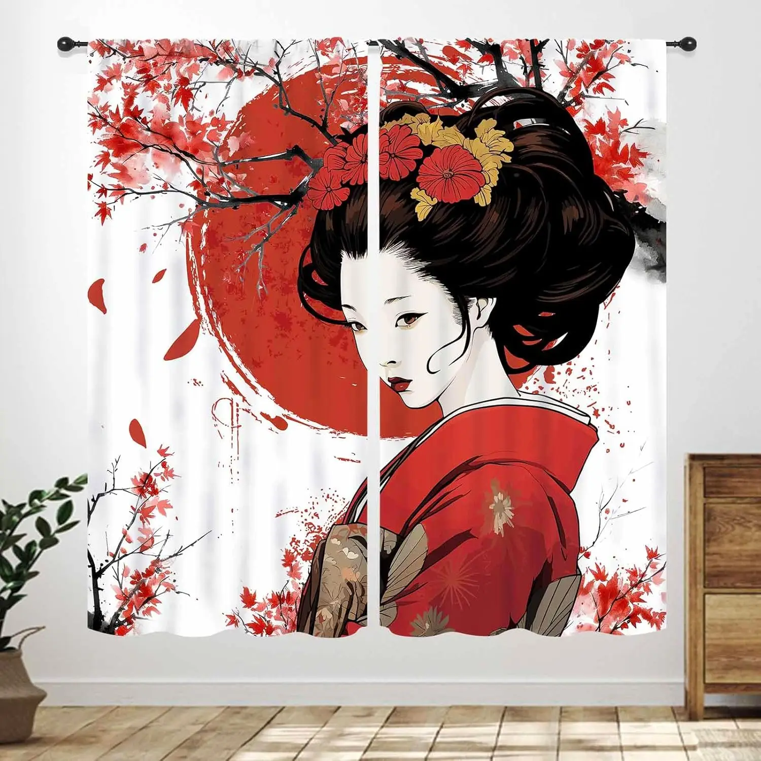 Japanese Geisha Curtains,Red Ink Painting Plum Cherry Blossoms Traditional Kimono Folk Culture Style Window Treatment Bedroom