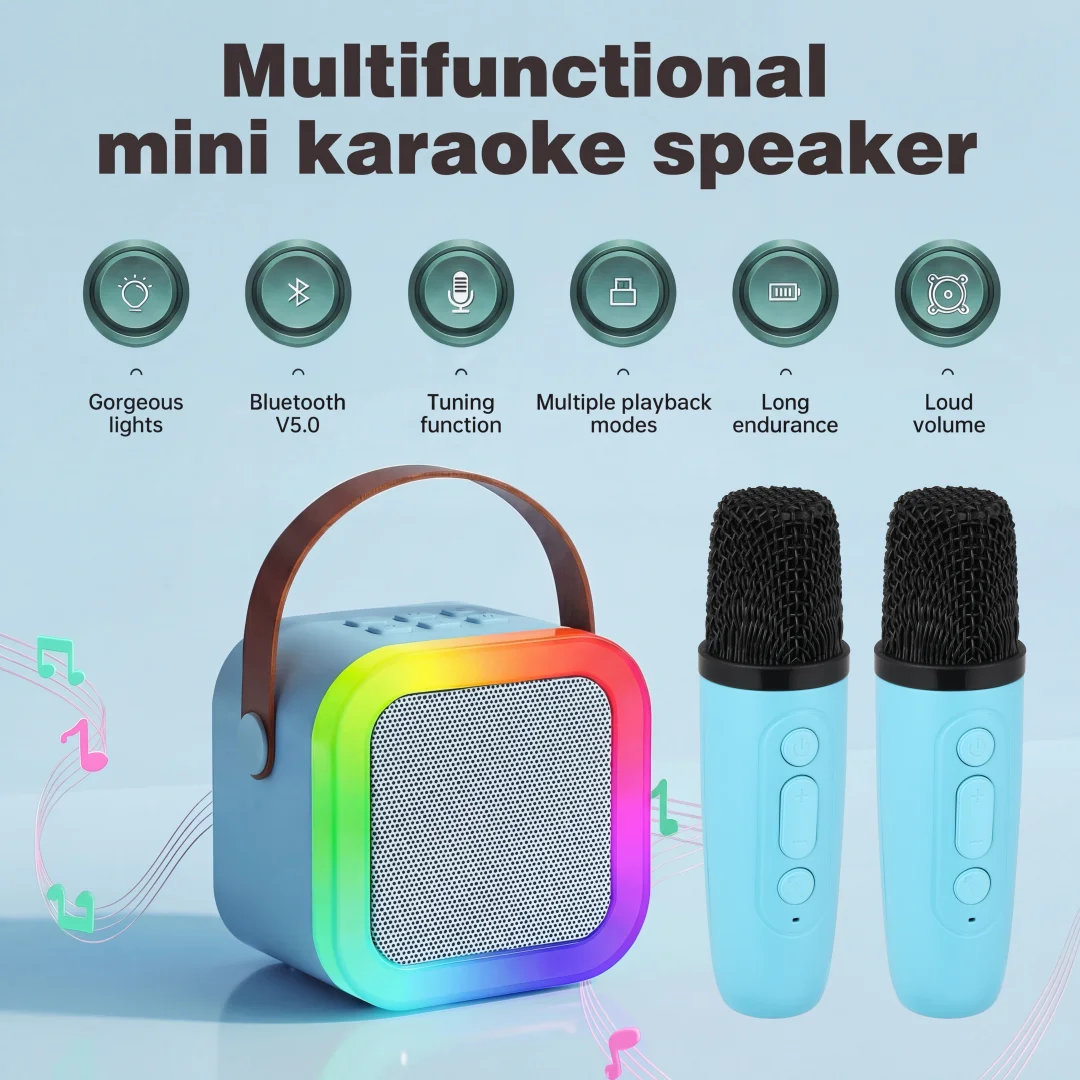 

Мини-караоке-колонка с двумя беспроводными микрофонами 360° ° Аудиоплеер Bluetooth с объемным звуком для семейного отдыха на природе и кемпинга