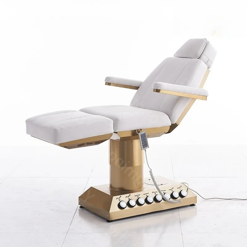 White Modern Facial Bed with Massage, Gold Stainless Steel Base for Eyelash & Beauty | Professional Salon Table