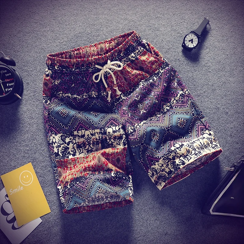 Summer Thin Cotton Linen Shorts Men's Beachwear Bohemian Ethnic Style Five-Quarter Length Casual Pants Youth Vitality Style