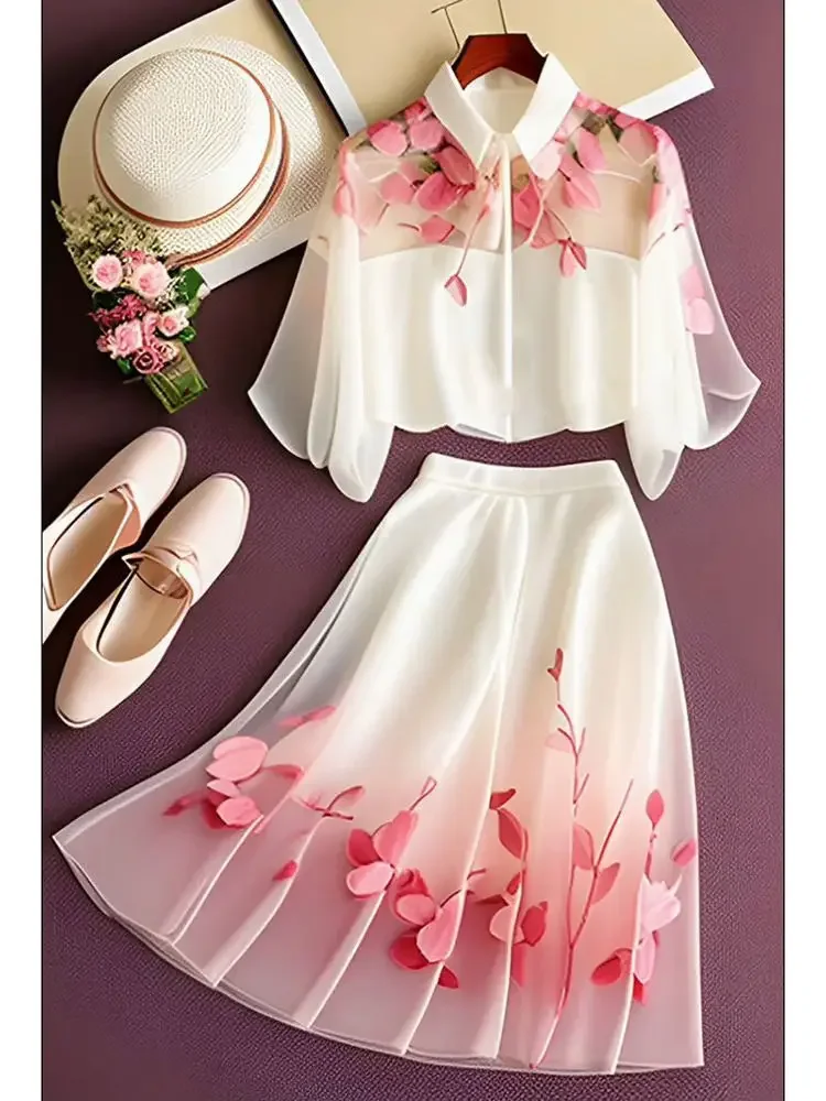 

Temperament Blouse Floral Skirts Two Piece Sets Womens Outifits Short Sleeve Print Shirts Mujer Chiffon Tops
