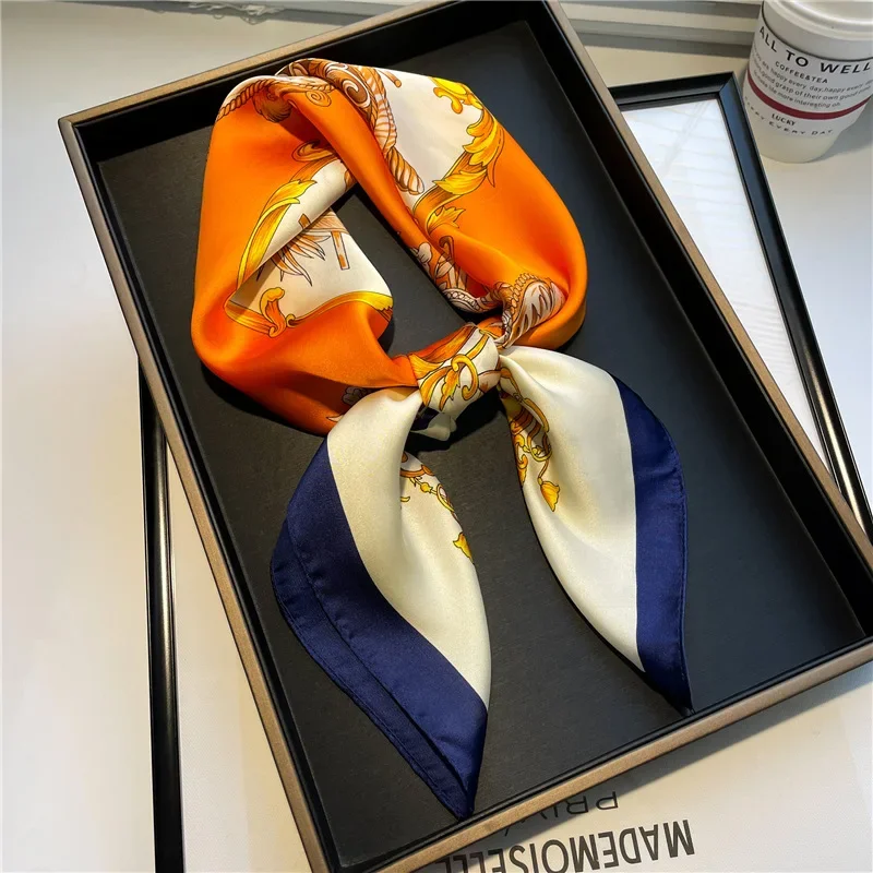 Bufanda cuadrada de satén elegante para mujer con estampado de altar naranja-azul bufanda de seda transpirable accesorio de moda a prueba de viento