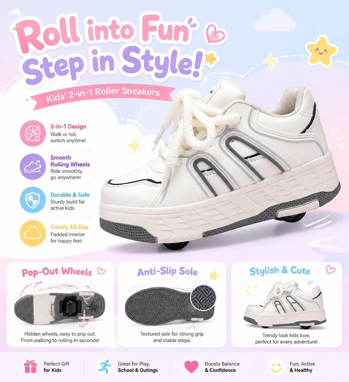 

New kids' four-wheel runaway shoes, children's roller skates, boys and girls, detachable wheels, stylish and cute