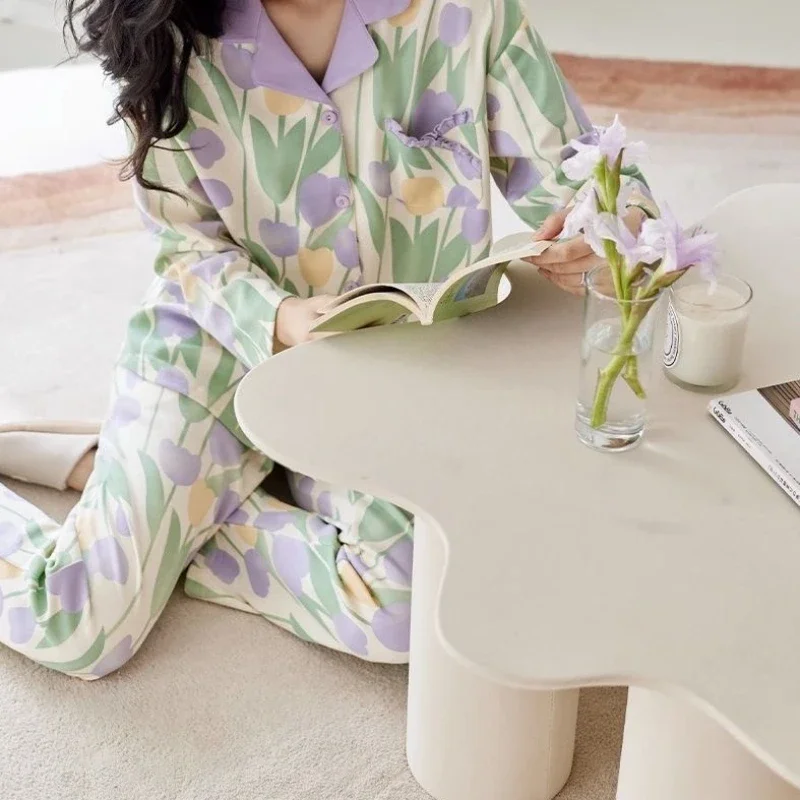 Dames Pyjama Set Lente En Herfst Elegante Tulpenprint Nachtkleding Met Lange Mouwen Nieuwe Koreaanse Mode Losse Homewear Tweedelig Pak