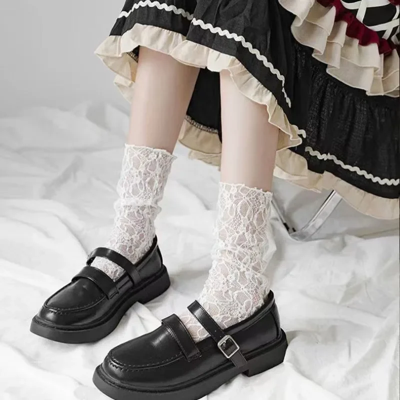 Sexy Women Lace Socks Japanese Lolita White Long Mesh Hosiery Summer Cartoon Flower Pattern Sock  Pregnant Women Accessories