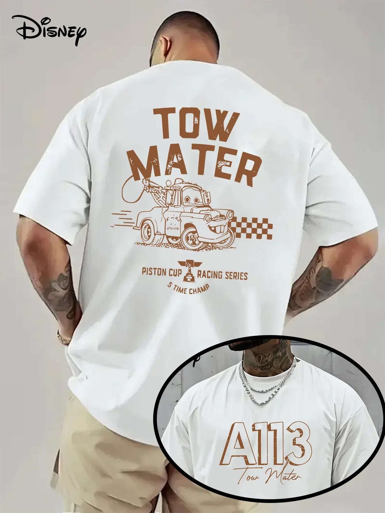 

Summer Men's Disney Cars Mater Pattern T-Shirt Daily Leisure and Theme Activities Wear Unisex Cotton Short Sleeve Oversized