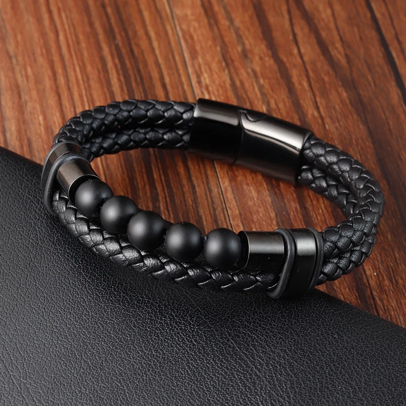 Men\'s Beaded Leather Bracelet Natural Stone Black Beads Multilayer Rope Stainless Steel Magnetic Clasp Wristband Male Jewelry