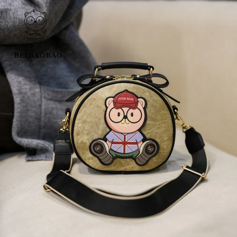 Beibaobao Small Round Bags 2024 Summer Retro Women\'s Bag Canvas Bear Pattern Design Casual Fashion Single Shoulder Crossbody Bag