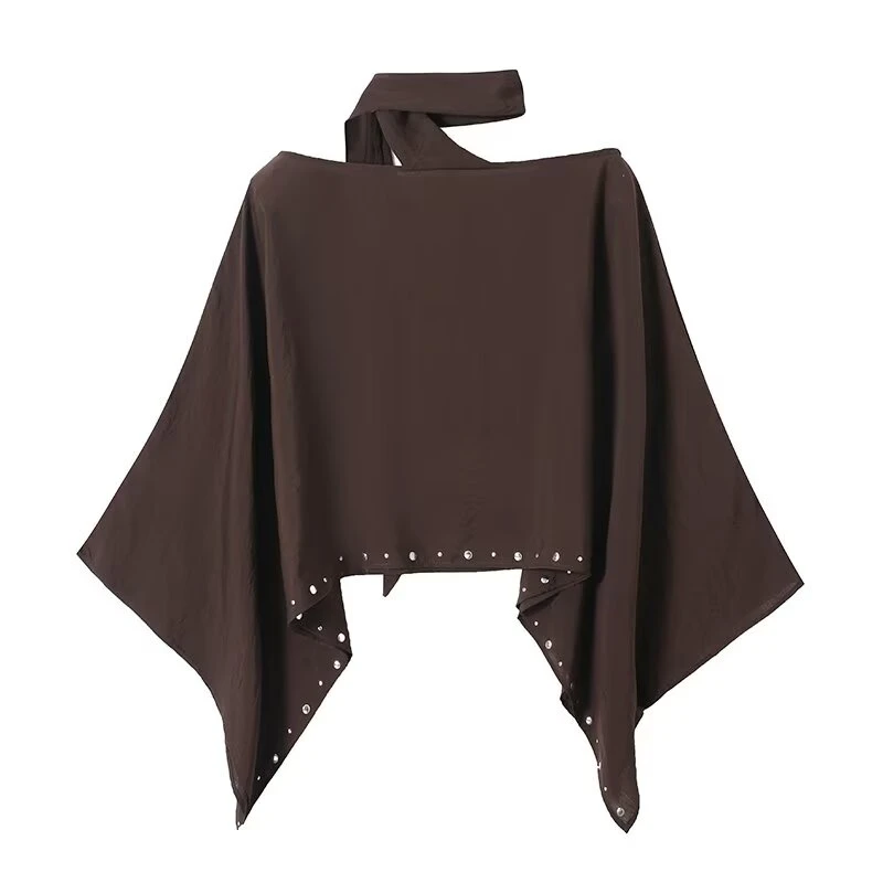 KEYANKETIAN Dark Brown Off Shoulder Cape Top Detachable Neck Tie Rivet Trim Irregular Flowy Batwing Sleeve Casual Wrap Blouse