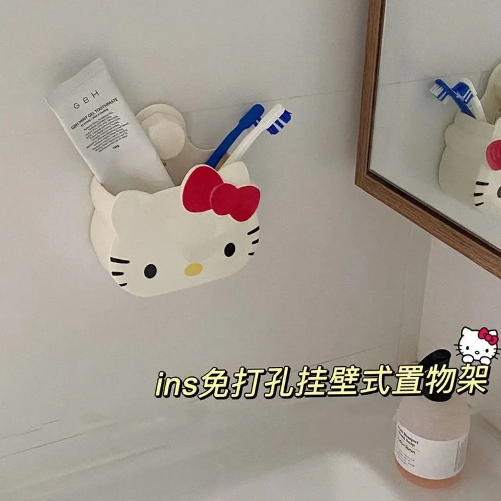 Cartoon HelloKittys Bathroom Shelf Cute Children'S Toothbrush Holder Wall Mounted Toilet Household Minimalist Shelf No Punching