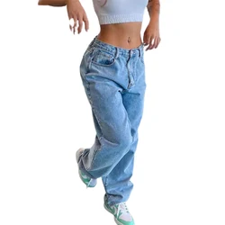 Frauen lose weites Bein gerade Jeans Vintage Streetwear Damen mittlere Taille Knopf Spleißen Jeans hose bequeme Freizeit hose