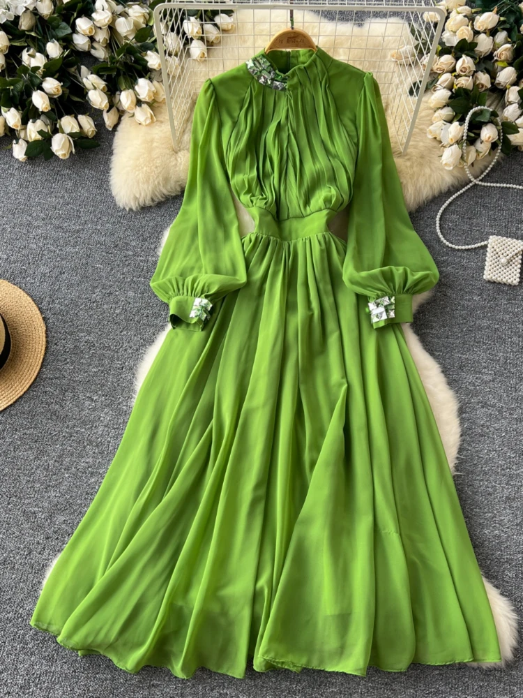 Diamond Dresses for Women Lantern Sleeve Stand Neck Robe Femme Fashion Temperament Autumn Pleated Dress 2024 Vestidos De Mujer