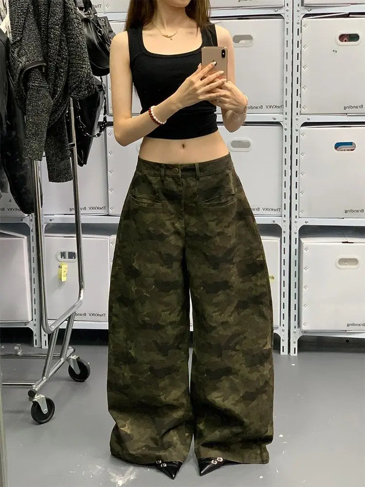 

Womens Vintage Y2K Camouflage Jeans High Waist Baggy Casual Straight Pants Streetwear American Retro Hip Pop Wide Leg Trousers