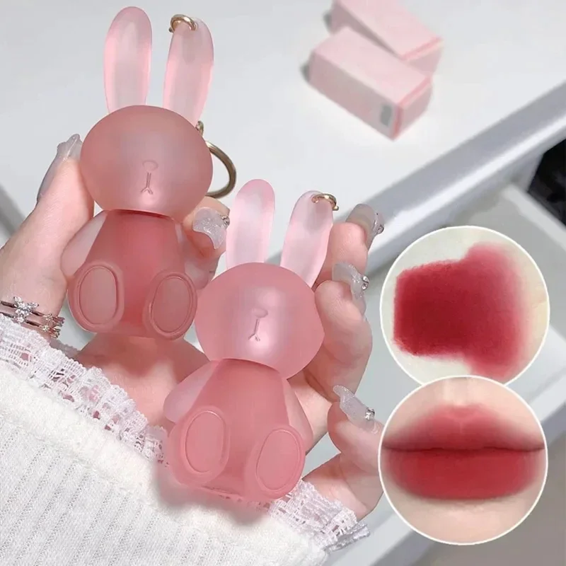 Small Rabbit Matte Velvet Lip Glaze Cute Bunny Keychain Lip Mud Matte Texture Lipstick Pink Red Moisturizer Lip Gloss Cosmetic