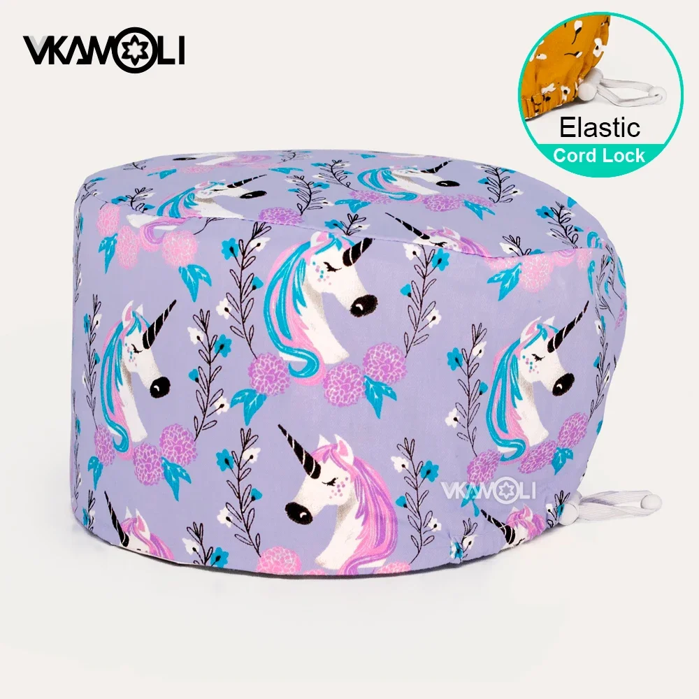 100%cotton Cartoon Print Cap Pet Beauty Work Hats with Sweat-absorbent Adjustable Elastic Buckle Health Service Scrubs Women Hat