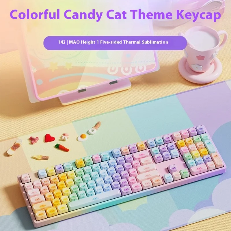 Imagem -04 - Akko-custom Mechanical Keyboard Cap Colorido Sugar Cat Mao Pbt Sublimação Bonito 142 Chaves Acessórios para Teclado Presentes Meninas