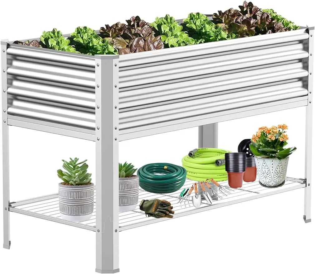 

Galvanized Raised Garden Bed with Legs, Storage Shelf and Drainage Holes, 48×24×32in Large Metal Garden Bed Kit for Balcony