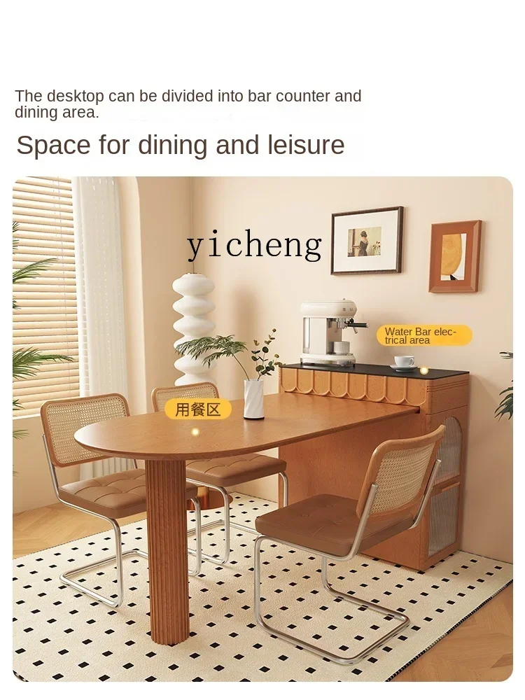 ii10.9-Solid Wood Kitchen Island Dining Table Integrated Retractable Household Small Apartment Stone Plate Kitchen Bar Counter