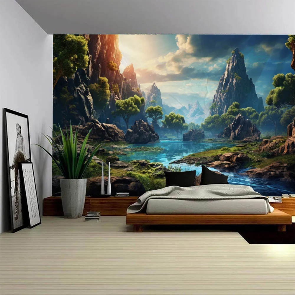 Natural Landscape Tapestry Mountain Range River Home Wall Hanging Aesthetic Background Poster Living Room Wall Art Decoration